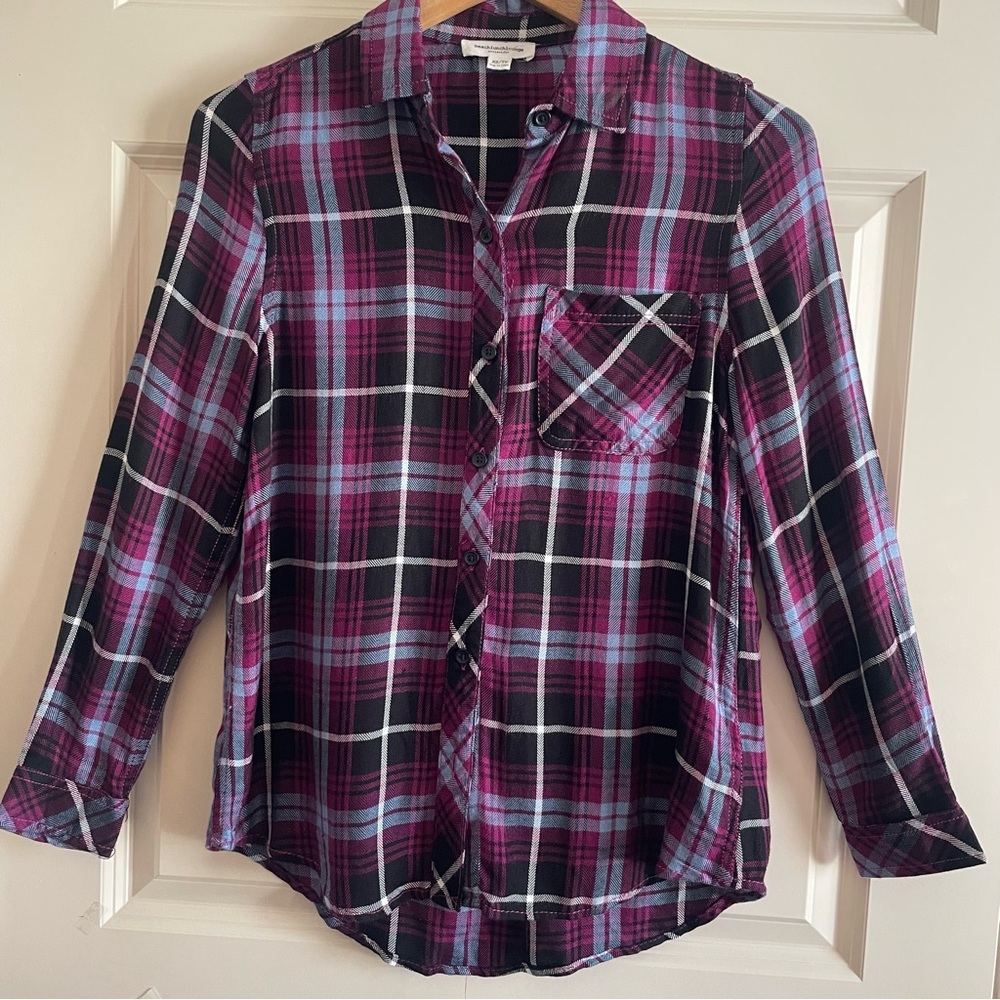 beachlunchlounge Pink and Blue Plaid Button Down Shirt Long Sleeve Cabincore - Picture 3 of 9